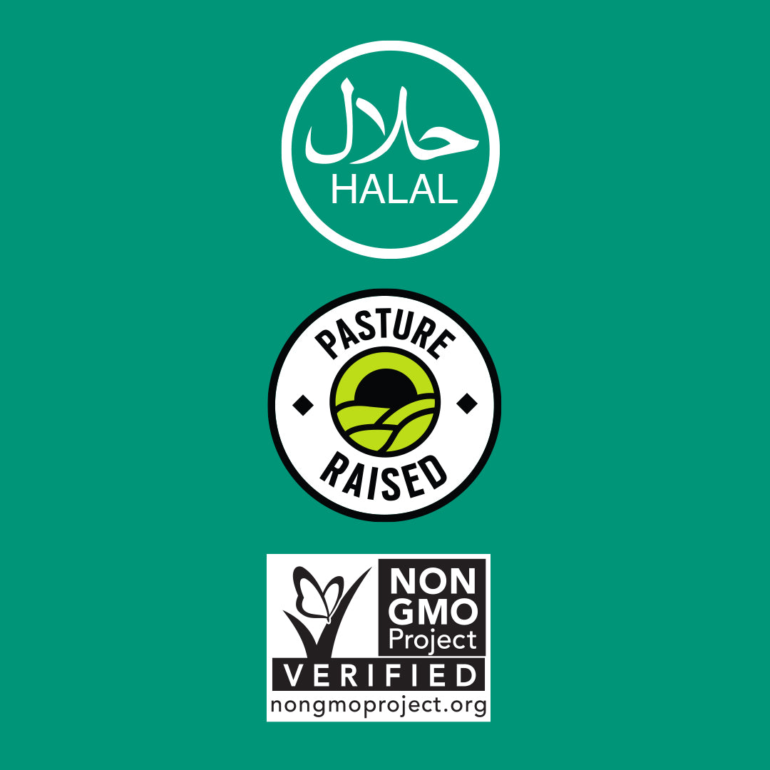 Halal logo, Pasture Raised logo, and Non-GMO Project Verified logo on a green background.